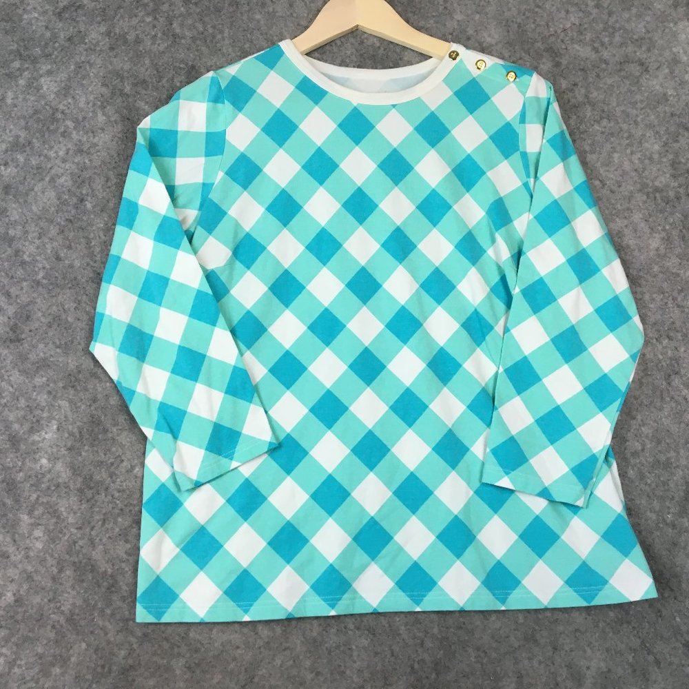 Bob Mackie Top L Wearable Art Blue Plaid Button Shoulder Jersey Knit 3/4 Sleeve